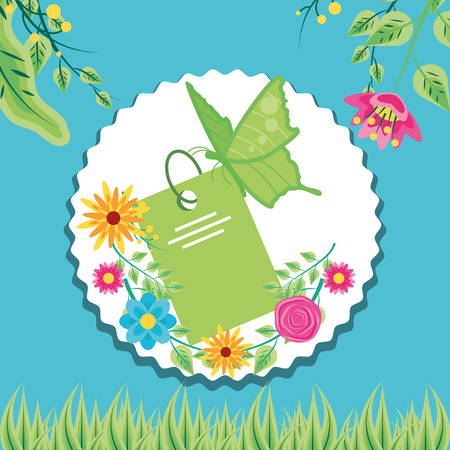 tag in frame circular with butterfly and flowers vector illustration designのイラスト素材