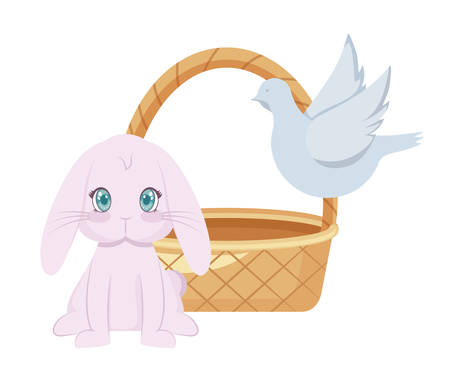 cute rabbit with basket wicker and dove vector illustration designのイラスト素材