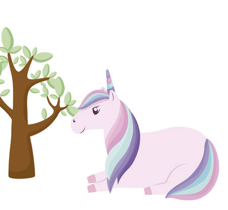 cute unicorn animal with tree plant vector illustration designのイラスト素材
