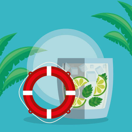 trees palms beach scene with lemonade cocktail and float vector illustration designのイラスト素材
