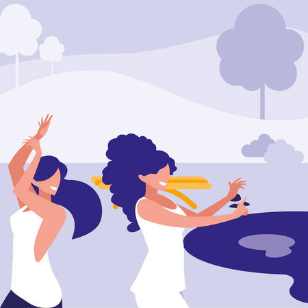 young girls dancing in the park characters vector illustration designのイラスト素材