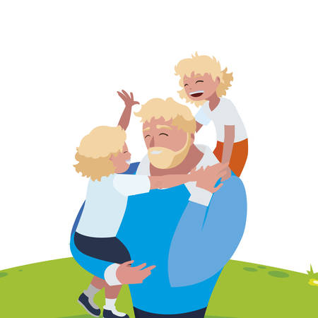 father with sons characters in the field vector illustration designのイラスト素材