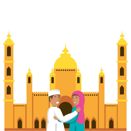 islamic couple lovers with mosque building vector illustration designのイラスト素材