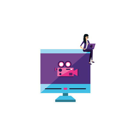 young woman using laptop computer with desktop vector illustration designのイラスト素材