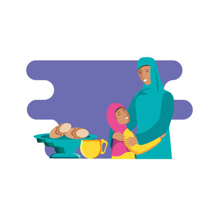 islamic mother with daughter and food vector illustration designのイラスト素材