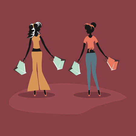 women holding shopping bags retro store vector illustrationのイラスト素材