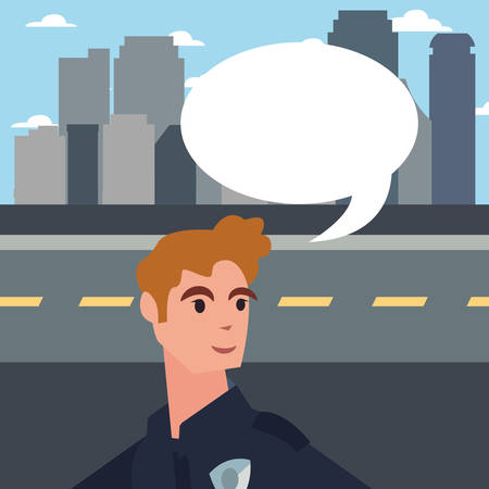 policeman speech bubble city street road building background vector illustrationのイラスト素材