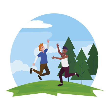 interracial young men celebrating in the camp vector illustration designのイラスト素材