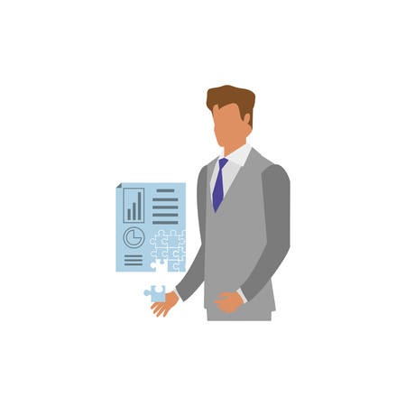 businessman with puzzle pieces in shape document statistic vector illustration designのイラスト素材