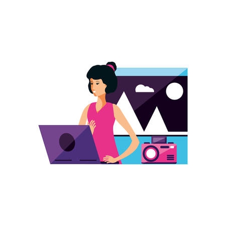 woman using laptop with camera photographic vector illustration designのイラスト素材