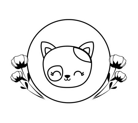 head of cute cat in frame circular with flowers vector illustration designのイラスト素材