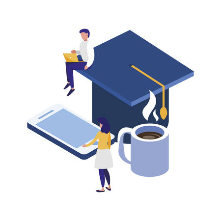 smartphone with graduation hat and mini people vector illustration designのイラスト素材