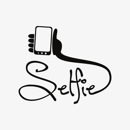 selfie inscription hand cellphone on white background vector illustrationのイラスト素材