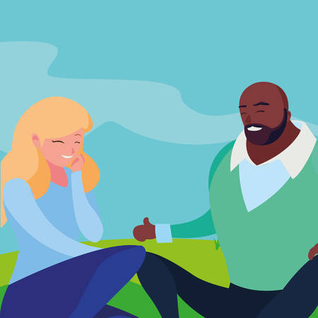 interracial young couple seated in the field vector illustration designのイラスト素材