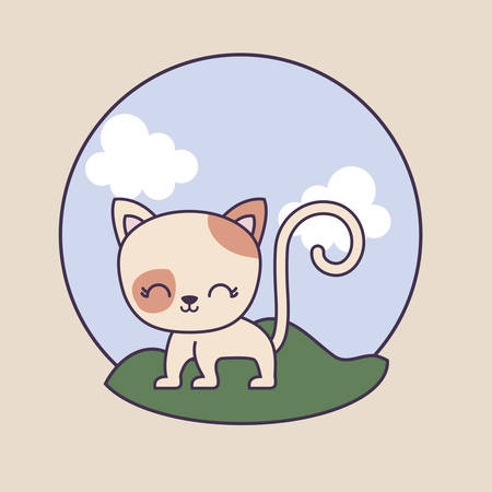 cute cat animal in frame circular with landscape vector illustration designのイラスト素材