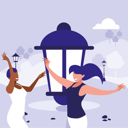 young interracial girls dancing in the park vector illustration designのイラスト素材