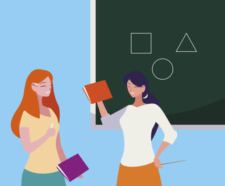 female teachers couple with textbooks and chalkboard vector illustration designのイラスト素材