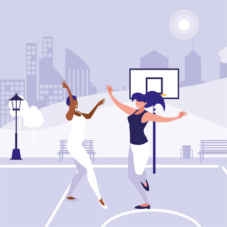 young interracial girls dancing in the park vector illustration designのイラスト素材