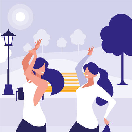 young girls dancing in the park characters vector illustration designのイラスト素材