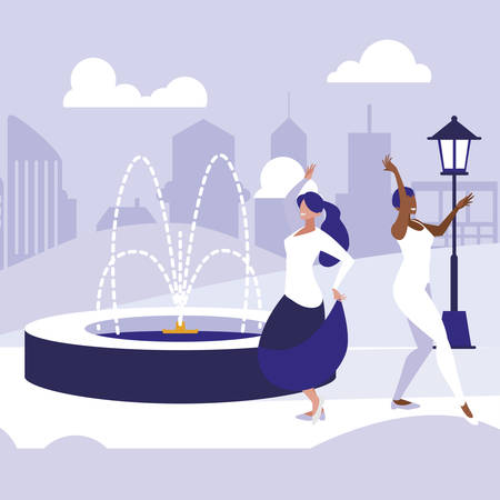 young interracial girls dancing in the park vector illustration designのイラスト素材