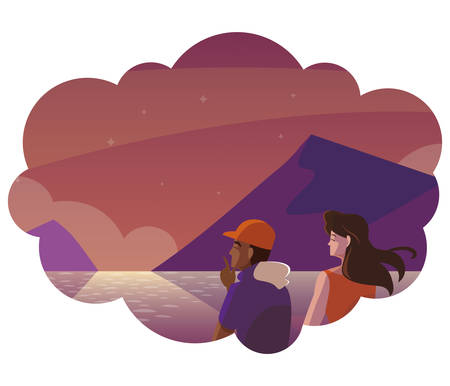 interracial couple contemplating horizon of sky sunset vector illustration designのイラスト素材