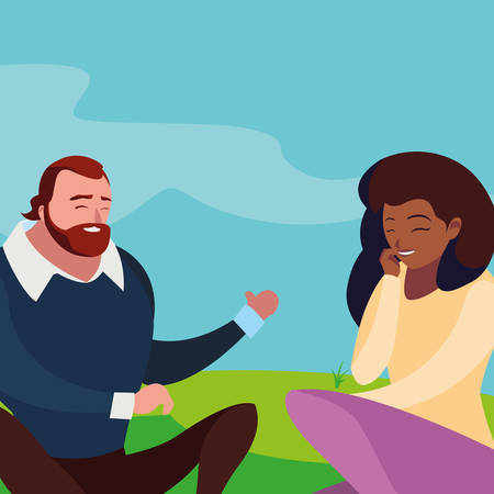 interracial young couple seated in the field vector illustration designのイラスト素材
