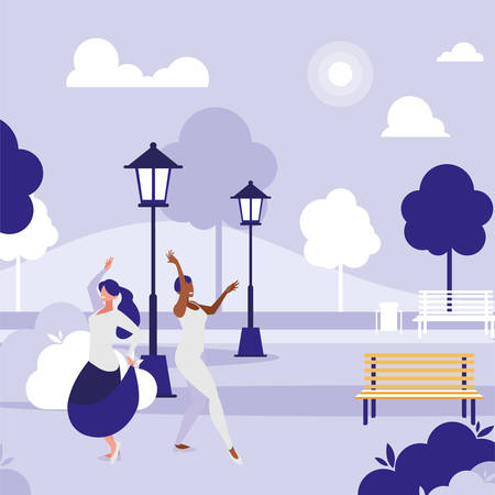 young interracial girls dancing in the park vector illustration designのイラスト素材