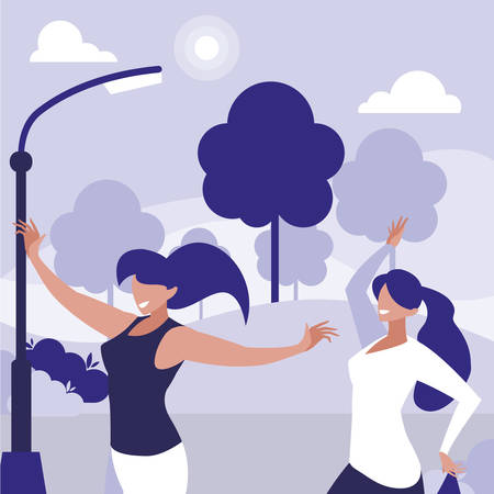 young girls dancing in the park characters vector illustration designのイラスト素材