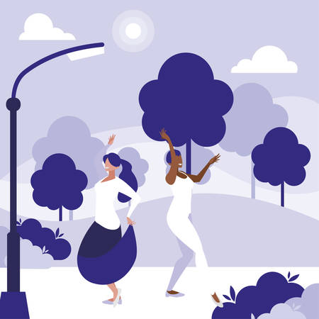 young interracial girls dancing in the park vector illustration designのイラスト素材