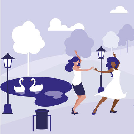 young interracial girls dancing in the park vector illustration designのイラスト素材