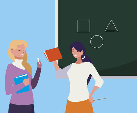 female teachers couple with textbooks and chalkboard vector illustration designのイラスト素材