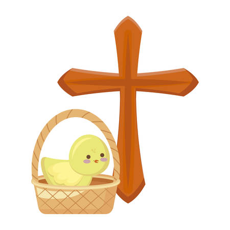 cross catholic with cute chicken in basket wicker vector illustration designのイラスト素材