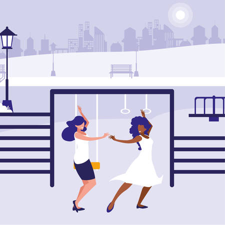 young interracial girls dancing in the park vector illustration designのイラスト素材