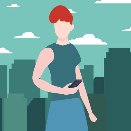 woman using mobile in the city street vector illustrationのイラスト素材