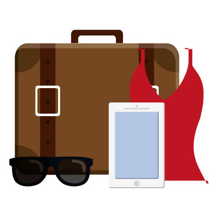 suitcase travel with smartphone and sunglasses vector illustration designのイラスト素材