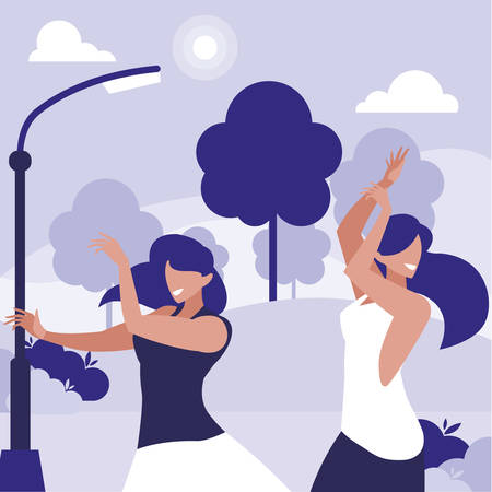 young girls dancing in the park characters vector illustration designのイラスト素材