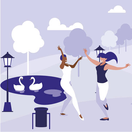 young interracial girls dancing in the park vector illustration designのイラスト素材