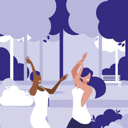young interracial girls dancing in the park vector illustration designのイラスト素材