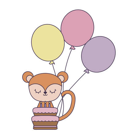 cute monkey with cake of birthday and balloons helium vector illustration designのイラスト素材