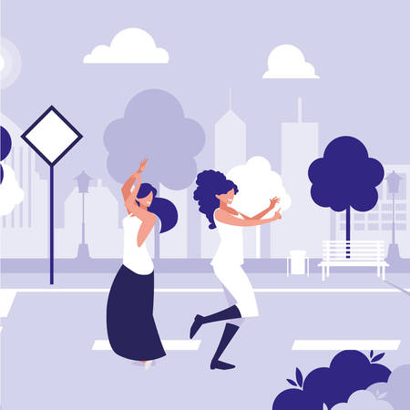 young girls dancing in the park characters vector illustration designのイラスト素材