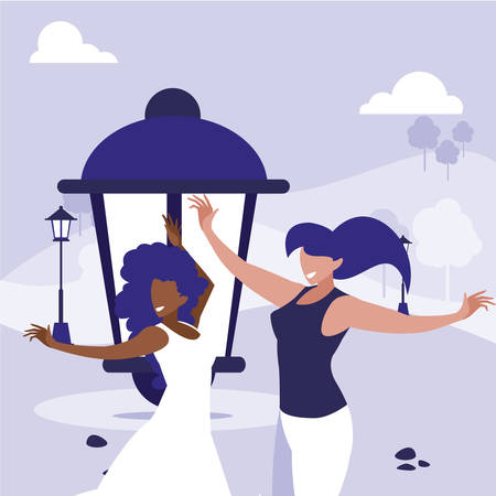 young interracial girls dancing in the park vector illustration designのイラスト素材