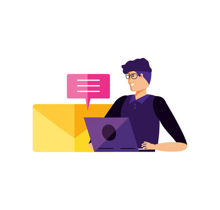 young man using laptop with speech bubble and email vector illustration designのイラスト素材