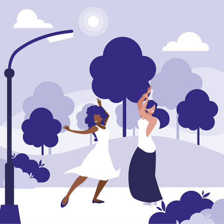 young interracial girls dancing in the park vector illustration designのイラスト素材
