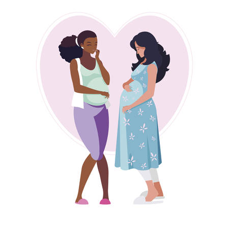 interracial couple of pregnancy women in heart vector illustration designのイラスト素材