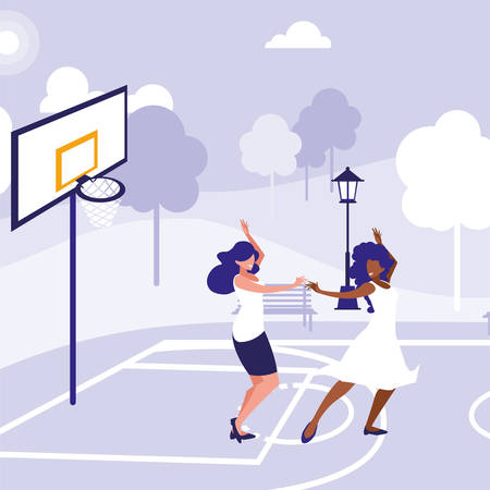 young interracial girls dancing in the park vector illustration designのイラスト素材