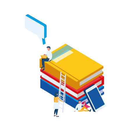 pile text books with smartphone and mini people vector illustration designのイラスト素材