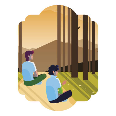 men couple contemplating horizon in the forest scene vector illustration designのイラスト素材