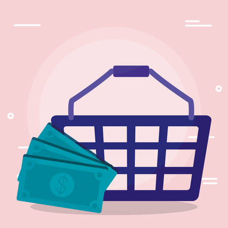 shopping basket with bills dollars vector illustration designのイラスト素材