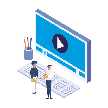 desktop with mini people workers vector illustration designのイラスト素材