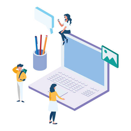 laptop computer with minipeople workers vector illustration designのイラスト素材